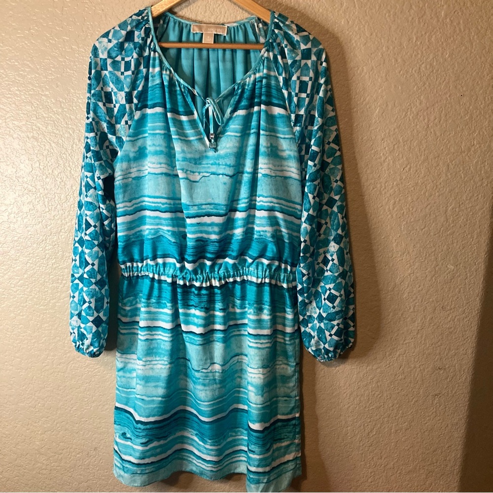 Michael Kors Blouson Dress Watercolor Lapis Print Turquoise Women’s Size 6